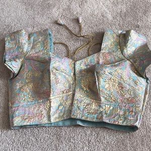 Pastel Brocade Saree blouse Crop Top with Gold Threading